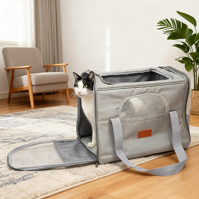 Expandable Pet Carrier for Cats and Small Dogs, Soft-Sided Travel Dog Carrier with Fleece Cushion, Breathable Mesh Windows and Shoulder Strap for Car, Outdoor and Daily Use, Grey