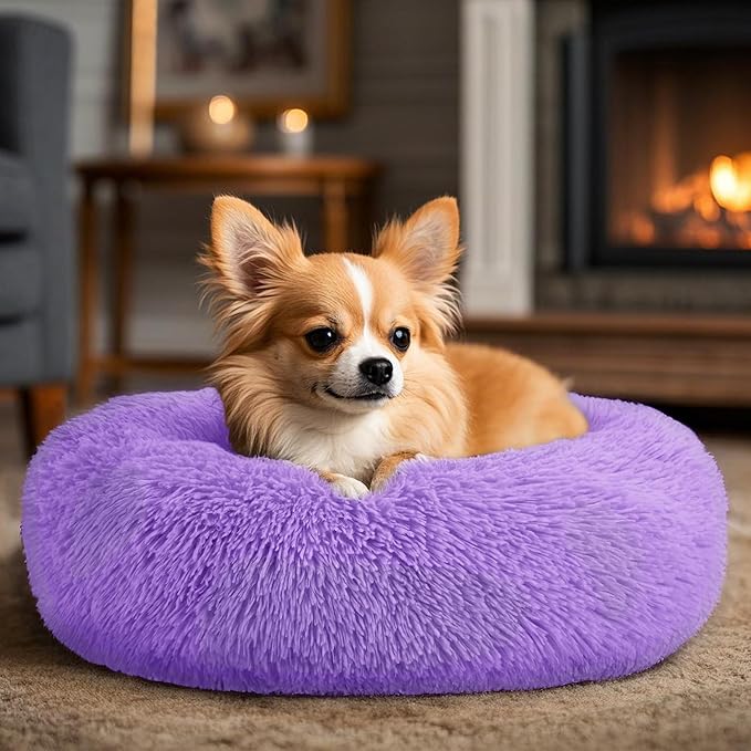 Dogs Bed for Small Dogs, Anti-Anxiety Washable Round Bed (Purple, 24.0" L x 24.0" W x 8.0" Th)