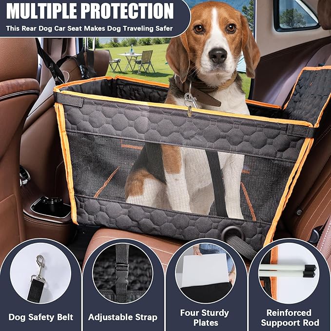 Dog Car Seat for Large Medium Dogs, Dog Car Seat Cover for Back Seat, Foldable Pet CarSeat with Safety Belt, Waterproof Fabric & Breathable Mesh, Back Seat Cover for Dogs Under 40lbs (Large, Orange)