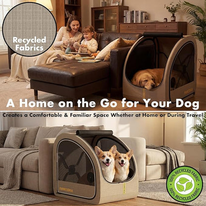 PAWZIDEA Portable Dog Crate for Car, 45% Extra Tall Travel Kennel for Medium & Large Dogs up to 80lbs Sit Upright, Enclosed Soft-Sided Backseat Carrier Collapsible, Secure w/Seatbelt & Headrest Strap