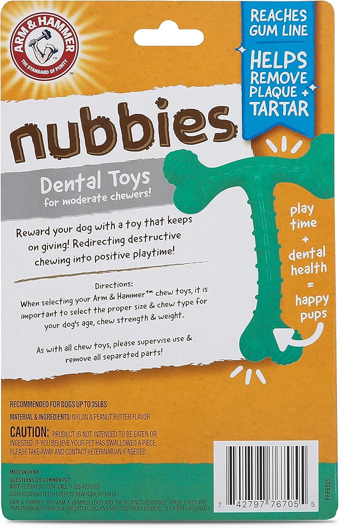 Arm & Hammer Nubbies T-Bone Dental Dog Chew Toy with Peanut Butter Flavor, Textured Chew Toy Designed to Help Clean Teeth and Support Oral Care for Dogs Up to 35 lbs