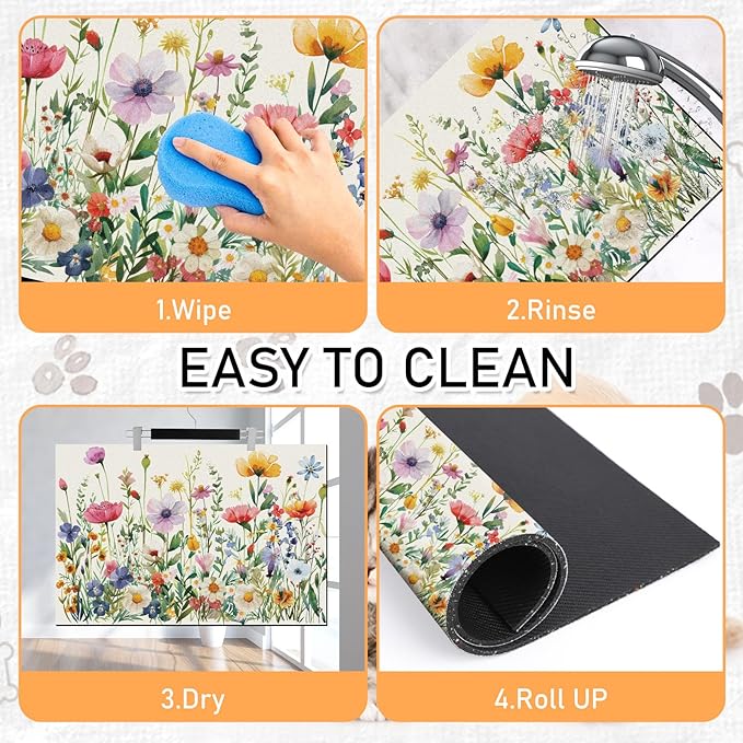 Dog Cat Food Mat - Absorbent Anti Slip Dog Bowl Mats for Food and Water, Quick Dry Cat Feeding Matts for Floors, Diatomite Pet Dish Placemat Accessories Supplies, Wildflower Style, 16 * 24in