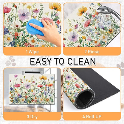 Dog Cat Food Mat - Absorbent Anti Slip Dog Bowl Mats for Food and Water, Quick Dry Cat Feeding Matts for Floors, Diatomite Pet Dish Placemat Accessories Supplies, Wildflower Style, 16 * 24in