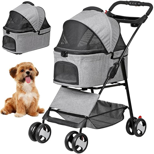 Pet Stroller 4 Wheels Dog Cat Stroller, Detachable Carrier Travel Folding Carrier for Small Medium Dog Cats (Grey)