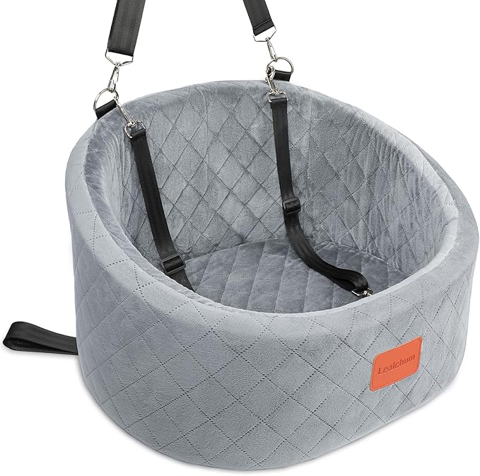 Lealchum Dog Car Seat for Small Dogs Up to 30 Lbs,Ultra Soft Fabric Fill in Comfy Memory Foam,Happy Pet Ride,2 Safety Dog Leashes,Fully Detachable and Washable,Anti Slip Base(Grey)