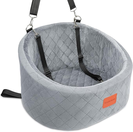 Lealchum Dog Car Seat for Small Dogs Up to 30 Lbs,Ultra Soft Fabric Fill in Comfy Memory Foam,Happy Pet Ride,2 Safety Dog Leashes,Fully Detachable and Washable,Anti Slip Base(Grey)
