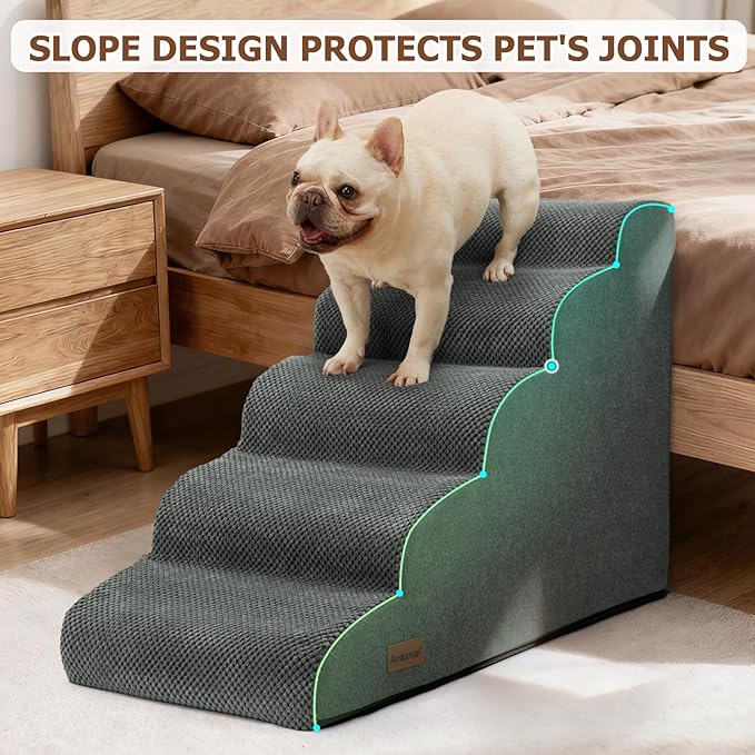 Dog Stairs for Bed 22.4”H,5-Step Dog Ramp for Small Dogs & Cats,Pet Steps for Dogs to get on High Bed, Indoor Anti-Slip Pet Stairs for Old Cats and Puppy,Grey
