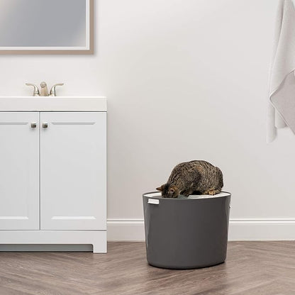 IRIS USA Large Top Entry Cat Litter Box Made in USA, Covered Enclosed Design with Lid, Litter Catching Grooved Top, Scatter Shield, Dog Proof, Scoop Included, Odor Control, Dark Gray/White
