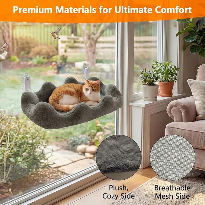 Homegroove Cat Window Perch, 24 x 12 Inch Foldable Cat Hammock for Window with 4-Sided Bolster & 4 Large Suction, Cloud Shape Cordless Window Bed for Indoor Cats (Gray, Large(24'' x 12''))