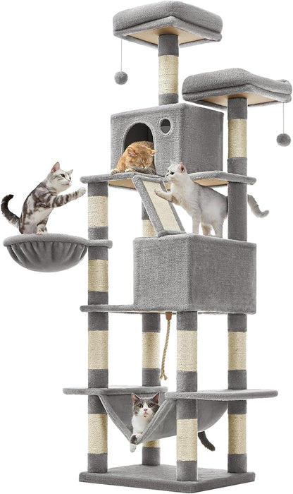 Feandrea Cat Tree, 81.1-Inch Large Cat Tower, Multi-Level Plush Condo with 13 Scratching Posts, 2 Perches, 2 Caves, Basket, Hammock, Pompoms, Light Gray UPCT190W01