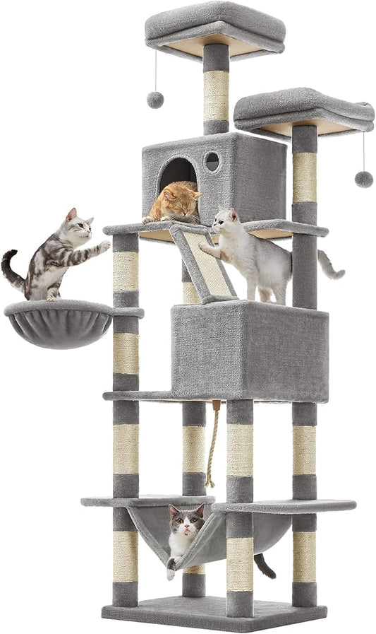 Feandrea Cat Tree, 81.1-Inch Large Cat Tower, Multi-Level Plush Condo with 13 Scratching Posts, 2 Perches, 2 Caves, Basket, Hammock, Pompoms, Light Gray UPCT190W01