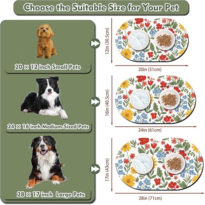 Absorbent Cat Mats for Food and Water 24''x16'', Non-Slip Rubber Mat for Cats Bowls, Easy Store Pet Food Placemat, Mats for Under Cats Food Bowls, Fit with Kitchen, Living Room, White Floral