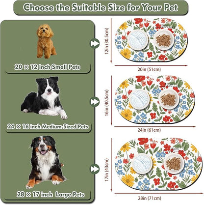 Absorbent Cat Mats for Food and Water 24''x16'', Non-Slip Rubber Mat for Cats Bowls, Easy Store Pet Food Placemat, Mats for Under Cats Food Bowls, Fit with Kitchen, Living Room, White Floral