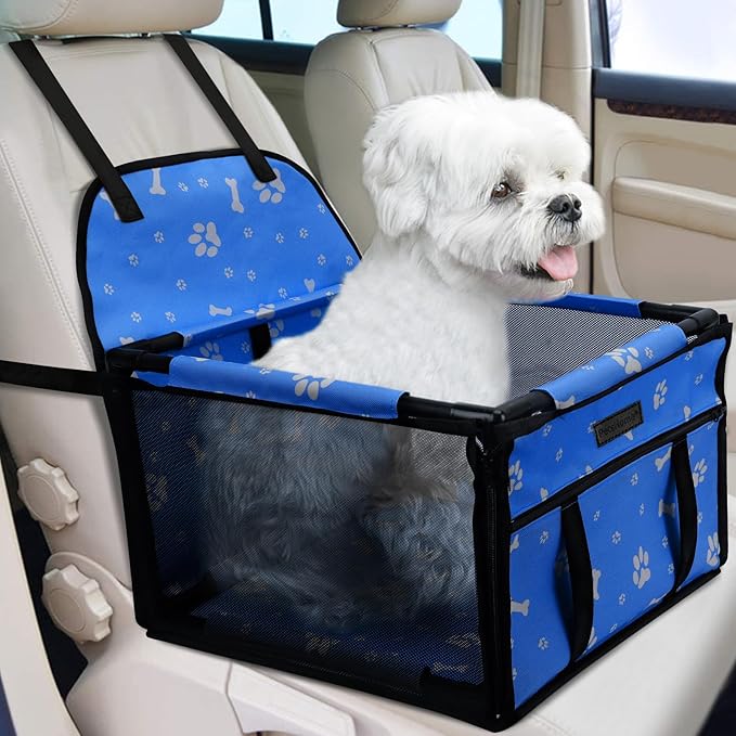 PetsHome Dog Car Seat Foldable Dog Car Booster Seat Waterproof Breathable Oxford Travel Bag for Small to Medium Dogs, Puppies, and Pets-Pattern Blue-Upgrade