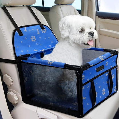 PetsHome Dog Car Seat Foldable Dog Car Booster Seat Waterproof Breathable Oxford Travel Bag for Small to Medium Dogs, Puppies, and Pets-Pattern Blue-Upgrade