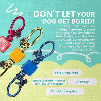 Snugarooz Baby Tug N' Cube Assorted Colors – Durable Dog Toy with Cotton Rope & TPR Cube – Perfect for Tugging, Chewing, and Promoting Dental Health
