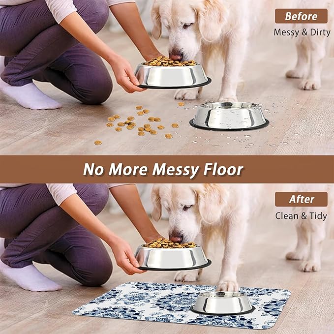 Mandala Flower Dog Food Mat for Floors,Blue Boho Floral Absorbent Quick-Dry Pet Feeding Mat,Cat Dog Bowl Mats for Food and Water,Non-Slip Pet Accessories Supplies 16"x24"