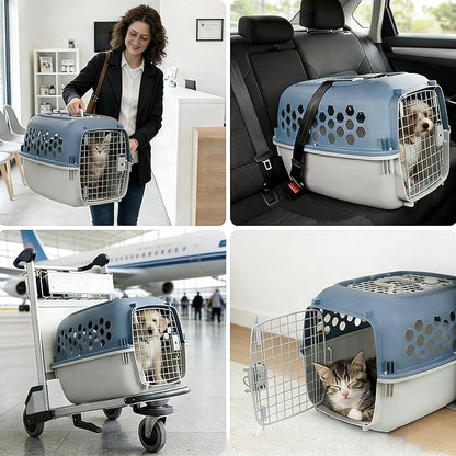 24" Pet Kennel Carrier for Small Dogs & Cats, Portable Travel & Home Use Two-Door (Top/Front Loading) Plastic Crate for 15-25 lbs Pets, Durable Blue