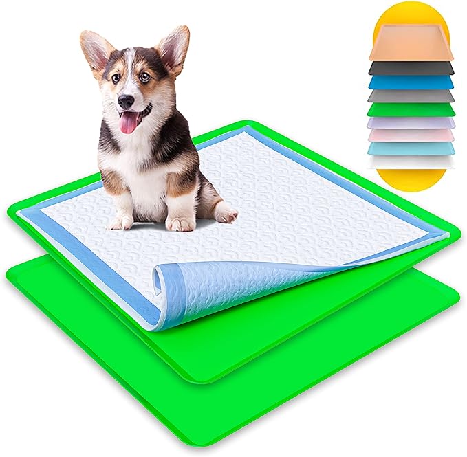 TidyFriend 2 Pack Dog Pee Pad Holder Tray - Fits Up to 24” x 24” Pee Pad Holder for Dogs - Stable Grip, Raised Edges, Quick-Wipe Silicone Surface Dog Pad Holder for Indoor Flooring Protection (Green)