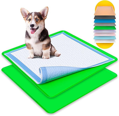 TidyFriend 2 Pack Dog Pee Pad Holder Tray - Fits Up to 24” x 24” Pee Pad Holder for Dogs - Stable Grip, Raised Edges, Quick-Wipe Silicone Surface Dog Pad Holder for Indoor Flooring Protection (Green)