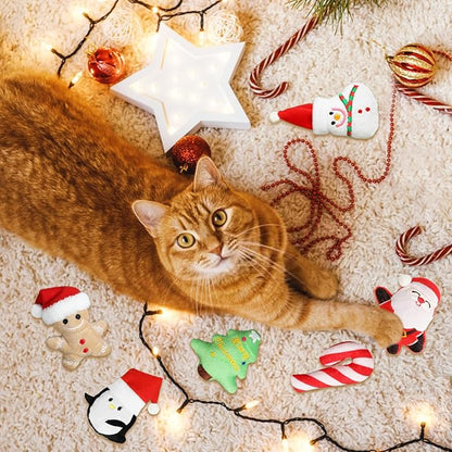 FOIMAS 6pcs Christmas Catnip Toys,Xmas Cat Toys Plush Santa Claus Snowman Tree Interactive Chew Bite Toys for Cat Kitten Indoor