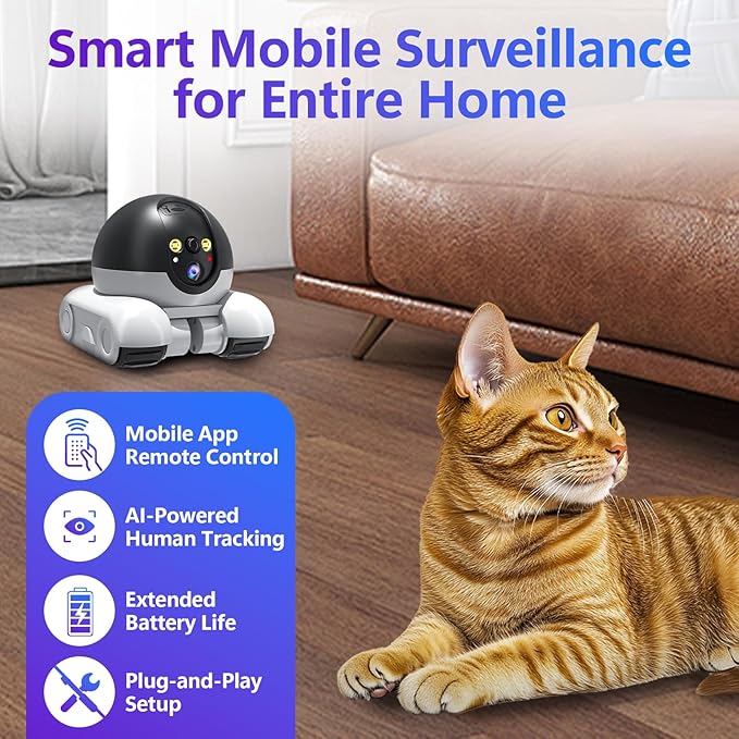 Camera, Mobile Patrol Robot Camera, Wi-Fi Connected Remote Control, Night Vision, Two-Way Audio Talk, Pet Monitoring, Suitable for Elderly/Pets (64GB)