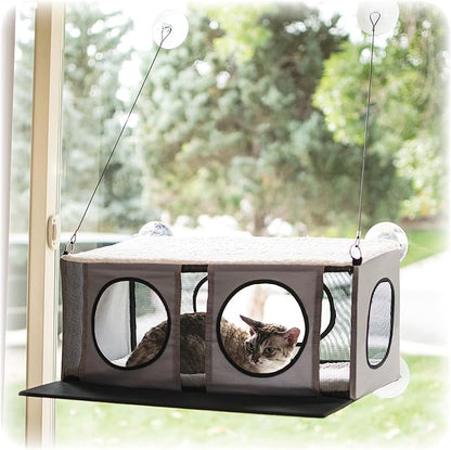 K&H Pet Products EZ Mount Cat Window Perch Penthouse 2-level Tree, Sturdy Window Perch for Large Cats, Steel Frame, Sturdy Suction Cups, Enclosed Privacy Area - Fits 24"W X 34"H Glass Spaces