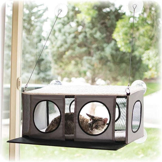 K&H Pet Products EZ Mount Cat Window Perch Penthouse 2-level Tree, Sturdy Window Perch for Large Cats, Steel Frame, Sturdy Suction Cups, Enclosed Privacy Area - Fits 24"W X 34"H Glass Spaces