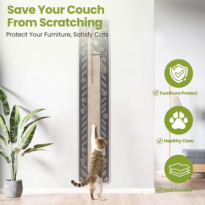 Cat Scratch Couch Furniture Protector, 78.7" x 15.8" Cat Scratcher Pad Deterrent from Cats Claws Scratching, DIY Sisal Carpet Cat Proof Couch Cover Replacement for Indoor Sofa, Wall, Door, Cute Grey