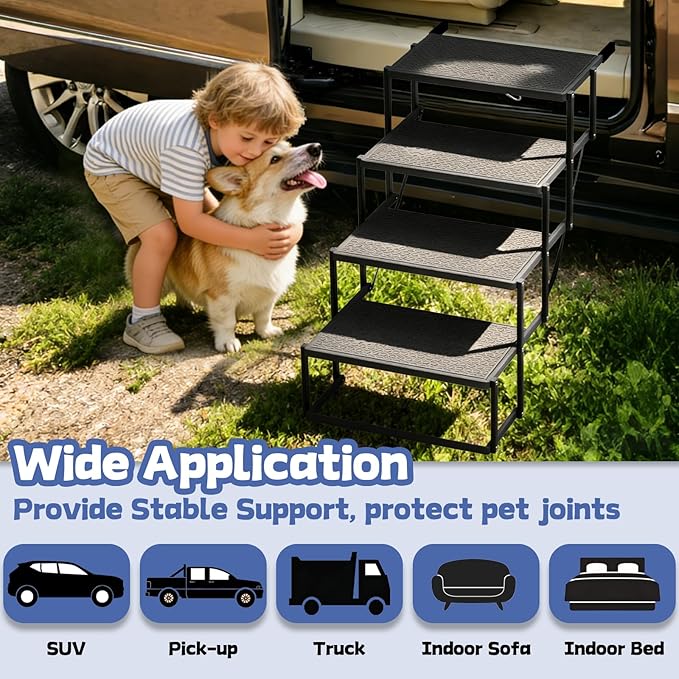 Dog Steps for Car, Truck, SUV, Dog Stairs for Car with Upgraded Non-Slip Surface, Foldable Dog Ramp for Car, Pet Stairs for Large Dogs, 4 Steps