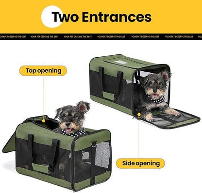 Dog Carrier Soft Sided, Large Cat Carrier with Inner Safety Leash, Pet Transport Carrier for Large Cats and Medium Dogs up to 20 Lbs, Collapsible Travel Puppy Carrier Bag -Green L
