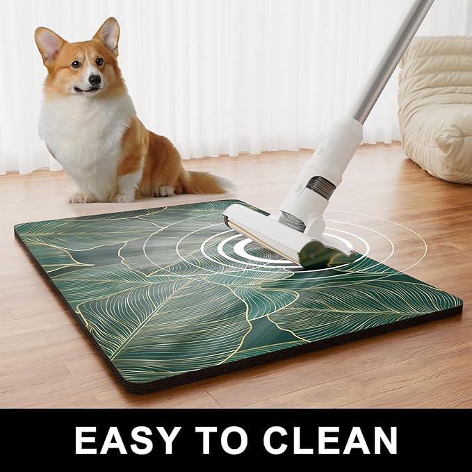 Dog Food Mat, 12" x 19" Absorbent Dog Cat Bowl Mat for Food and Water, Cute Anti-Slip Rubber Pet Feeding Rug Protect Floors, Placemat for Feeding & Watering Supplies, Tropical Palm Leaves