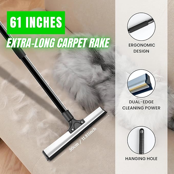 2025 Dual-Edge Carpet Rake for Pet Hair Removal & Fluffing Matted Carpet – 61" Adjustable Handle, Deep Clean Dog & Cat Hair Remover, Reusable Scraper for Rugs, Low Pile Carpet, Couch & Stairs (Set 3)