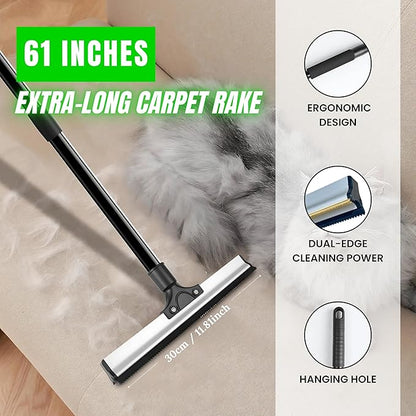 2025 Dual-Edge Carpet Rake for Pet Hair Removal & Fluffing Matted Carpet – 61" Adjustable Handle, Deep Clean Dog & Cat Hair Remover, Reusable Scraper for Rugs, Low Pile Carpet, Couch & Stairs (Set 3)