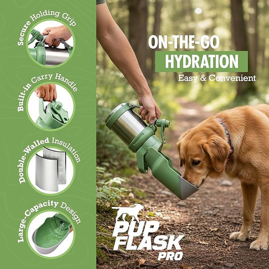 PupFlask Pro Dog Water Bottle | 30 or 50 OZ Double Wall Insulated Stainless Steel | Built-In Flip Cup Bowl | Leak Proof Cap | 24+ Hour Cold Water | Small & Large Dogs | Portable Pet Hydration Bottle
