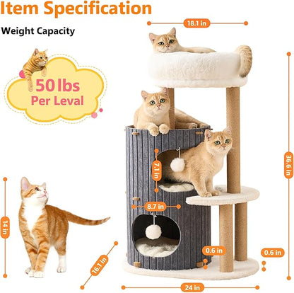 Modern Cat Tree for Indoor Cats Large Adult, 36in H Cat Tree Tower with Scratching Posts, Cozy Cat Bed Cave, Washable Cushions, Dangling Balls, Play&Nap Cat House Condo for All Breeds, Gray