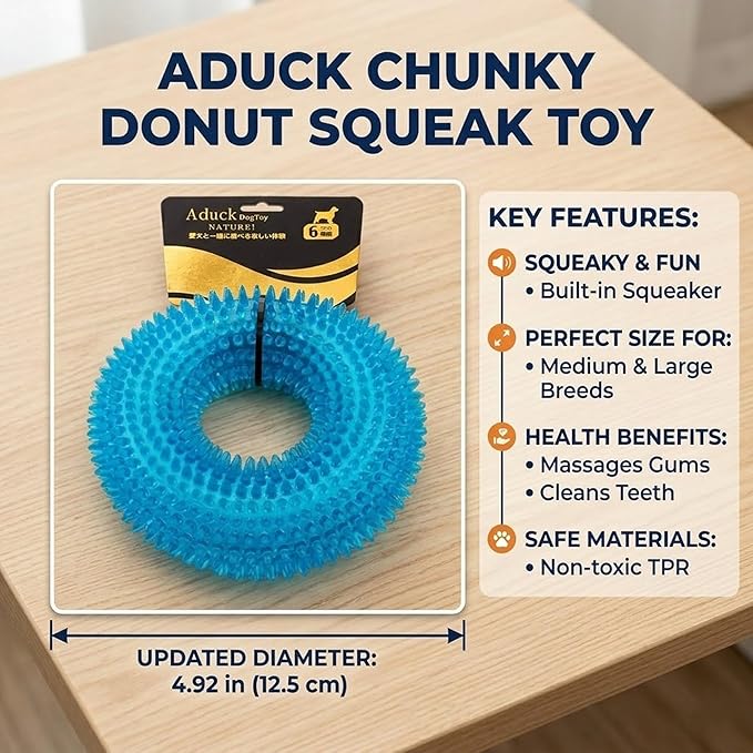 ADUCK Dog Squeaky Chew Toys for Aggressive Chewers, Small Medium Large Dogs Teeth Cleaning Soft Natural Rubber Float Toy for Indoor Outdoor Water Pool, Donut Ring Design 4.92 inch, Pack of 4
