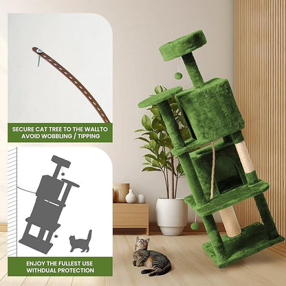 58in Large Cat Tree Tower for Indoor Cats with Soft Plush Hang Ball, Two Condos, Sisal Scratch Posts & Rope Play for Kittens/Adult Cats, Green