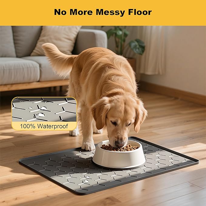 Pieviev 24''x16'' Dog Cat Food Bowl Mat, Silicone Waterproof Food Grade Pet Food Mat for Floor, High Raised Edge to Prevent Spills, Non-Slip & Easy Clean Pet Placemat for Dog & Cat Bowls, Dark Gray