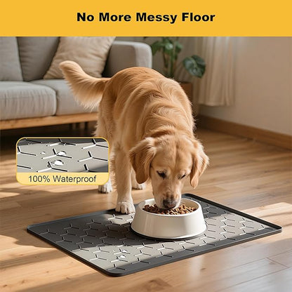 Pieviev 24''x16'' Dog Cat Food Bowl Mat, Silicone Waterproof Food Grade Pet Food Mat for Floor, High Raised Edge to Prevent Spills, Non-Slip & Easy Clean Pet Placemat for Dog & Cat Bowls, Dark Gray