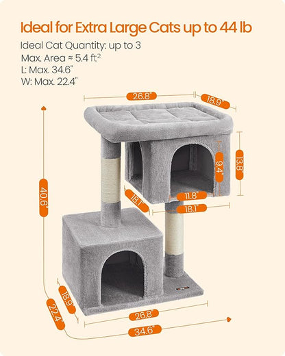 Feandrea Cat Tree, 40.6-Inch Cat Tower, Plush Condo for Extra Large Cats up to 44 lb, Large Perch, 2 Caves, Scratching Post, Light Gray UPCT614W01