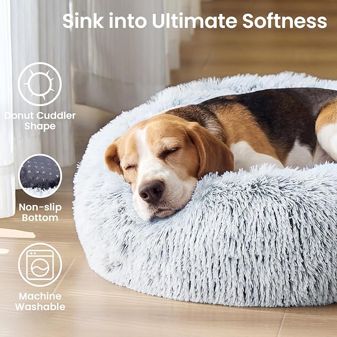 JOLLYVOGUE Small Dog & Cat Beds for Indoor Cats - 20 inches Calming Donut Dog Bed for Kittens & Puppies, Washable Round Fluffy Plush Faux Fur Pet Beds (Smoke Grey)