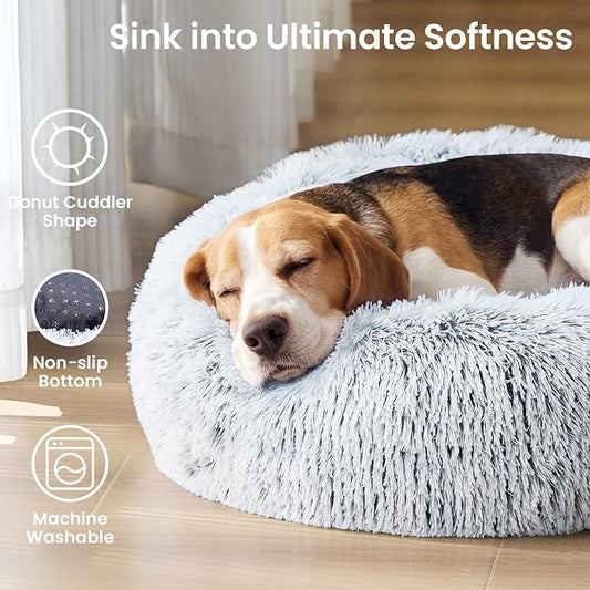 JOLLYVOGUE Small Dog & Cat Beds for Indoor Cats - 20 inches Calming Donut Dog Bed for Kittens & Puppies, Washable Round Fluffy Plush Faux Fur Pet Beds (Smoke Grey)