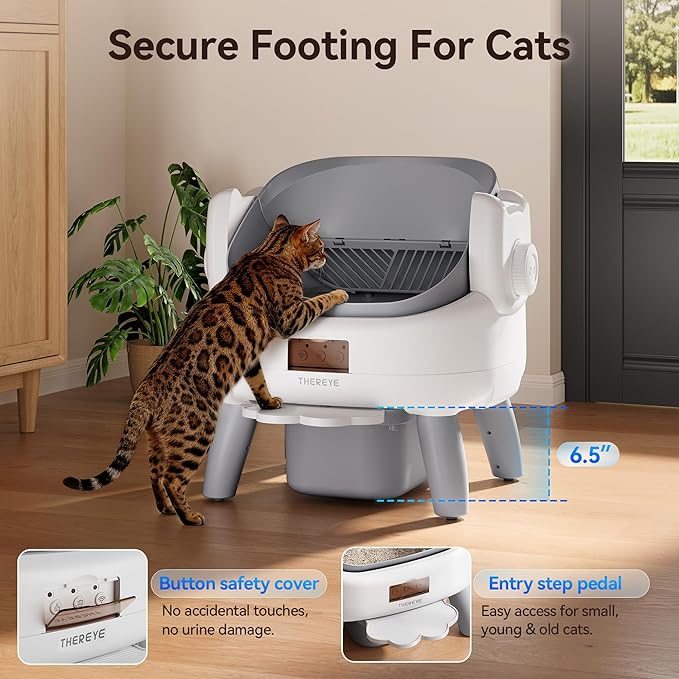 Thereye Automatic Litter Box with Entry Step, Open-Top Self Cleaning Litter Box for Multiple Cats, 11 Safety Protections & App Control, Odor Control Smart Cat Litter Box with Trash Bags/Litter Mat