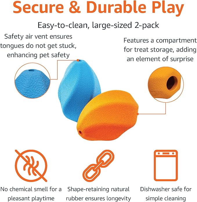 Amazon Basics Interactive Durable Natural Rubber Dog Treat Dispensing Enrichment Chew Toy for Dogs, Tough Chew Toy for Heavy Chompers, Large, Multi Color, 2-Pack