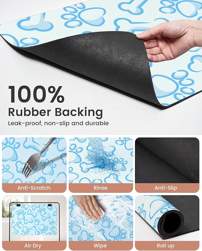 Cat Dog Food Mat, Rapid Water Absorption Dog Mat for Food and Water,100% Waterproof Cat Dog Bowl Mat,16"x24"-Blue