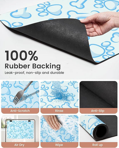 Cat Dog Food Mat, Rapid Water Absorption Dog Mat for Food and Water,100% Waterproof Cat Dog Bowl Mat,16"x24"-Blue