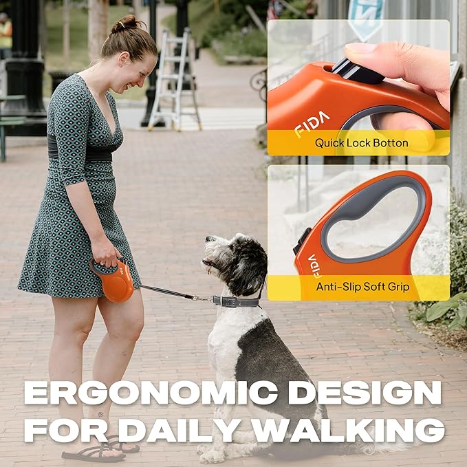 Fida Retractable Dog Leash, 16ft Heavy Duty Pet Walking Leash for Small Dog or Cat up to 26 lbs, Tangle Free. One-Hand Brake (Small,Orange)