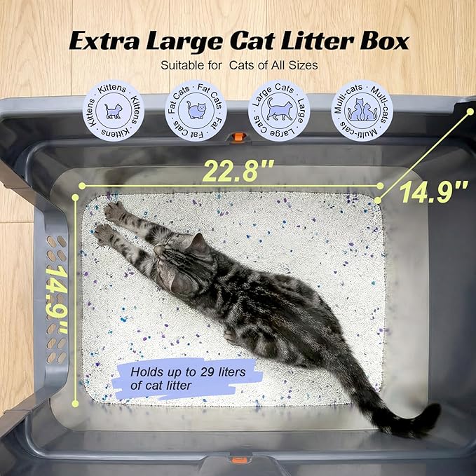 Stainless Steel Litter Box with Lid, Front Entry Top Exit Cat Litter Box, Extra Large High Sided Enclosed Metal Litter Box with Scoop, Pedal & Litter Mat, Grey