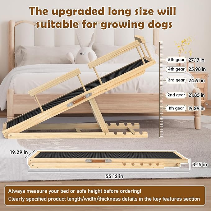 55.11" Adjustable Dog Ramp for Bed - Upgraded Wooden Pet Ramp with Non-Slip Silicone Surface and Side Rails, 6 Height Settings (19.68-27.55"), Holds Up to 250lb, Pet Stairs for Senior & Large Dogs
